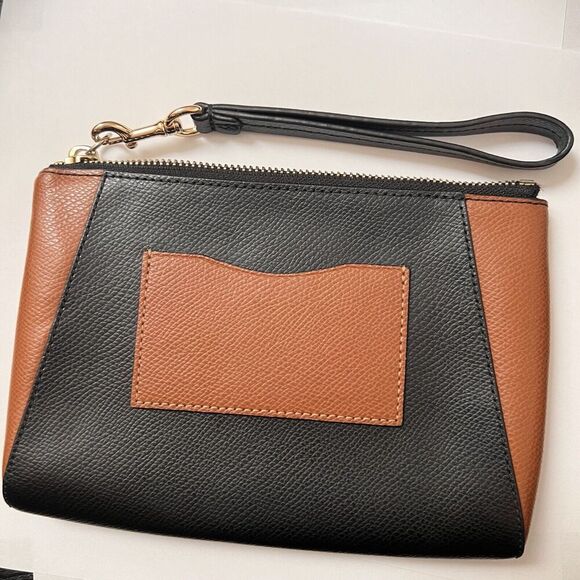 Coach Morgan Crossgrain Leather Clutch Wristlet Black Saddle Color Block - Picture 4 of 8